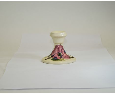 Moorcroft Squat Candlestick ' Magnolia ' Design on Cream Ground. Good Condition. 3.5 Inches High. 