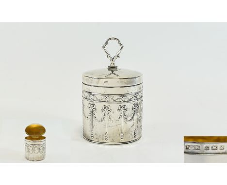 Edwardian Nice Quality Swags and Garlands Decorated Lidded Small Tea Caddy. Hallmark Birmingham 1906, Makers Mark W.H.W. Wond