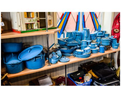 Hungarian Blue Enamel and Tin Kitchen/Serve Ware Very large and extensive collection of vintage tin kitchenalia to include, b