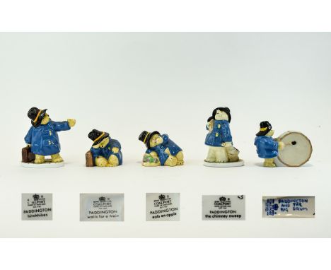 Coalport Paddington Bear Ceramic Figures From The 1970's ( 5 ) Figures In Total. Comprises 1/ Paddington Eats an Apple. 3 Inc