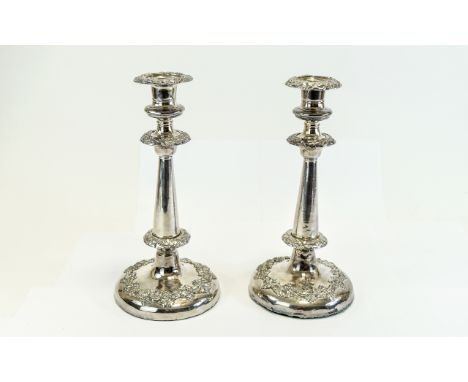 Victorian Pair of Fine Silver Plated Circular Based Candlesticks with Embossed Grapes on The Vine Decoration to Nozzles - Rim
