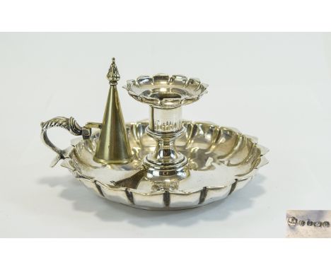 Elkington and Co Excellent Quality Silver Plated Chamber stick Candle Holder with Snuffer. c.1860's. 3 Inches High & 6.5 Inch