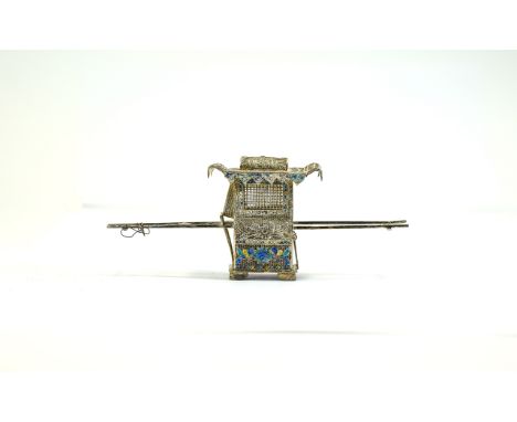 Chinese 19th Century Very Finely Made Miniature Silver and Enamel Model Rickshaw. 900 Silver. 2 Inches High & 5 Inches In Len