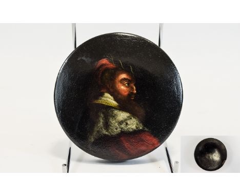 French 18th / 19th Century Hand Painted Paper Mache on Wood Round Lidded Snuff Box, Portrait of a French Nobleman. 4.25 Inche