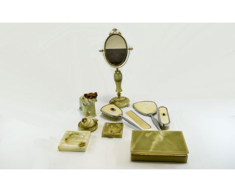 Collection Of Green Onyx Items and Dressing Table SetTo include, Rectangular trinket box, carved bear figure, three ashtrays,