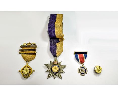 Antique - Special Collection of Three Gilt Metal and Enamel Primrose League Medals + One Enameled Button, Presented to Mary A