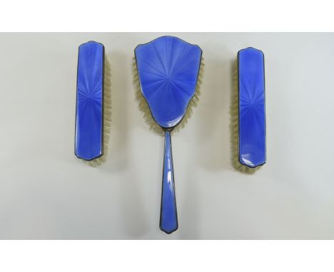 Art Deco - Very Fine Trio of Silver and Enamel Ladies Hair Brushes. Hallmark Birmingham 1931. Large Brush 8.5 Inches Long. Mi