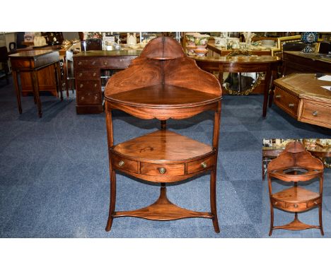 Gentleman's Early 19th Century Mahogany Inlaid Corner Wash Stand. c.1810. The Bow Front Shaped Top, Also a Shelf, with One Dr