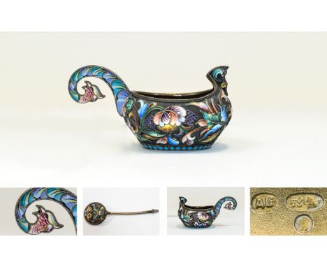 Russian Superb Quality Silver Gilt and Cloisonne Enamel Kovsh and Spoon. Water master A, E, Egorov Aleksandr Sergeev, Moscow,