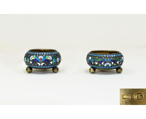 Russian - Pair of 19th Century Silver Gilt and Cloisonne Enamel Salts, Work Master P.B.N.E 84 Zolotniks, Moscow, Date 1908 - 