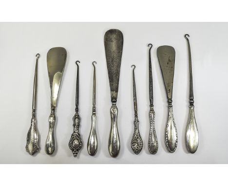 A Collection of Early 20th Century Assorted Six Silver Handle Button Hooks ( 6 ) + Three Assorted Silver Handle Shoe Horns ( 