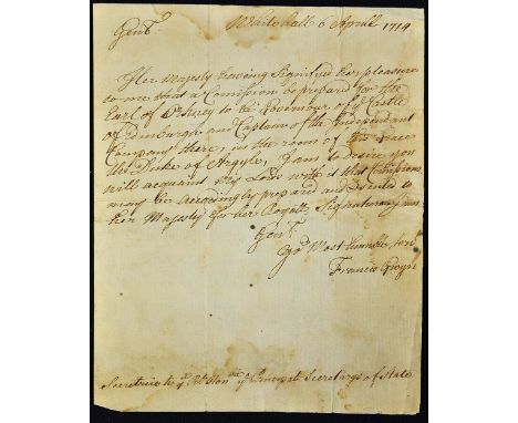 1714 War of Spanish Succession Secretary of States Copy of Letter appointing George Hamilton The Earl of Orkney to be Governo