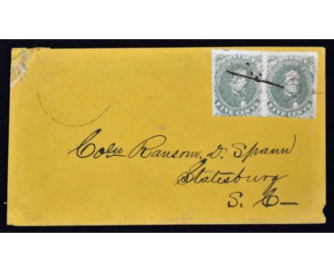 Confederate States of America Scarce Pair of Early 5 Cents Stamps (Pen cancelled) green stamps with portrait of Jefferson Dav