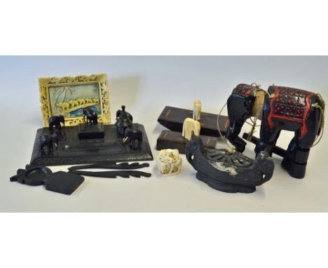 Assorted Selection of Elephant related items to include a two piece desk-set with paperweight and blotter, each with pre 1947