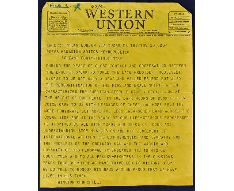 Sir Winston Churchill (1874-1965) Original Telegram issued on Western Union and dated April 1945 to the Editor of the New Rep