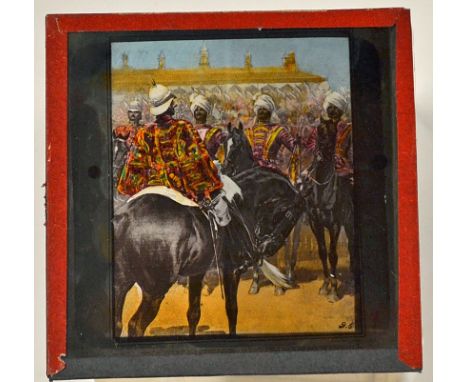 India- Military- Mounted Sikh Officers Delhi Durbar Glass Slide 1900s. A magic lantern slide depicting mounting Sikh officers