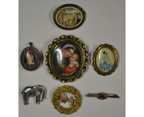 Selection of Various Brooches to include a Victorian pin with ruby, a Madonna brooch, a crinoline lady cameo brooch, perch bi