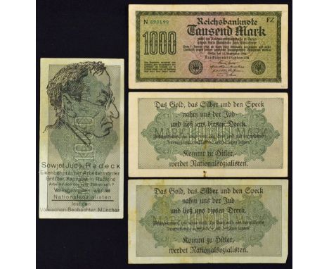 Anti-Jewish Propaganda Banknotes inflation era German banknotes over-printed with Anti-Semitic slogans. These were used as pr