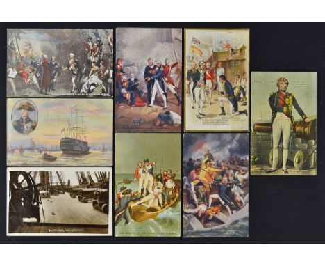 Lord Nelson Naval Related Postcards including 'Battle of St. Vincent', 'Conflict with a Spanish Launch', 'Sir Horatio Nelson 