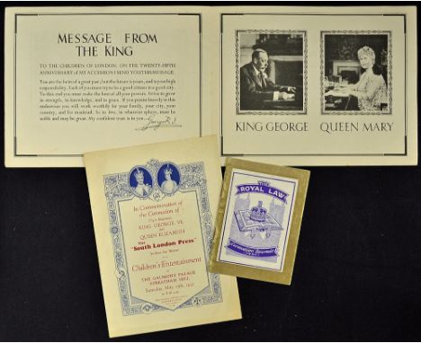 1937 The Royal Law Coronation Souvenir publication together with 1937 'The South London Press' Children's entertainment Invit