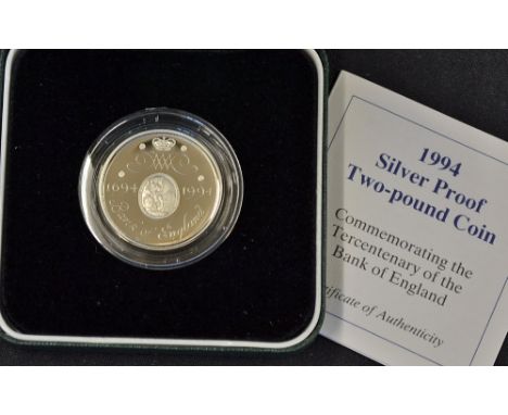 1994 Silver Proof £2 Coin Commemorating the Tercentenary of the Bank of England Royal Mint appears in good condition, complet