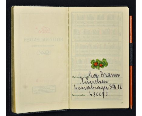 WWII - Diary of Eva Braun Signed - a pocket size diary for the year 1940 with a yellow metal clover leaf emblem to front cove