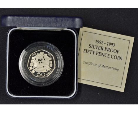 1992-1993 Silver Proof Fifty Pence Coin Royal Mint, European Presidency, appears in good condition, complete with original bo