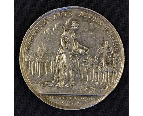 Jernigan's Lottery Impressive Silver Medallion 1736 the obverse; Standing figure of Britannia and Legend. "Both hands filled 