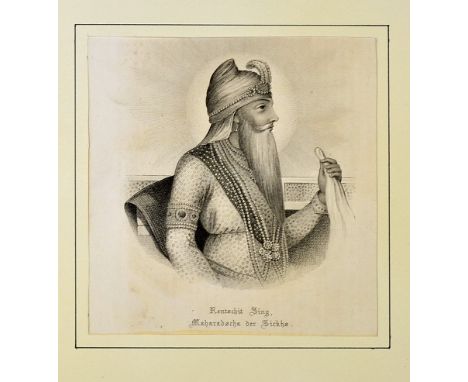 India - Punjab Maharaja Ranjit Singh lithograph 19th century Lithograph of the lion of Punjab Ranjit Singh seated in native d