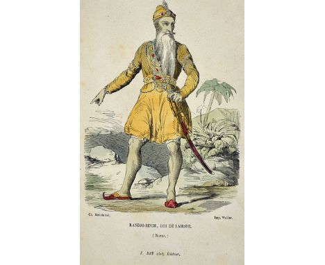 India Ranjit Singh First Sikh Emperor of Lahore 1855 hand colour engraving Paris 1855, editor J. Bry, overall 17 x 25cm, in c