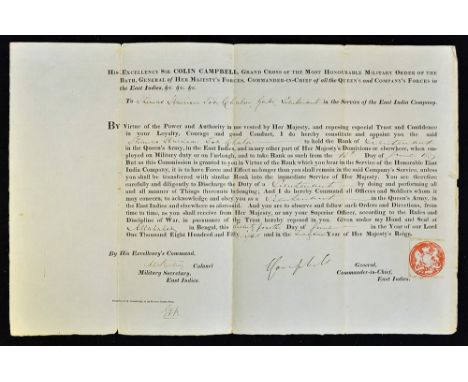 India 1858 Sir Colin Campbell Military Commission as General and Commander-in-Chief, East Indies, one page, oblong folio, All