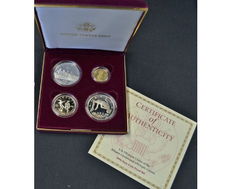 1996 United States Olympic Coins of the Atlanta Centennial Olympic Games Four Coin Proof Set contains Gold Five Dollar, Silve