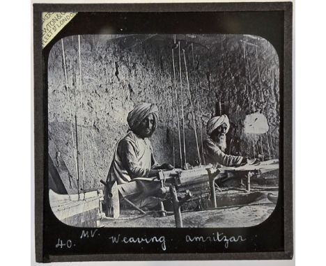 India - Punjab - Early Magic Lantern slide showing Sikh weavers at Amritsar a rare image of Sikh weavers at the holy city of 