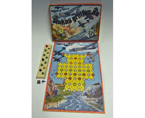 WWII German Board Game 'Stukas greifen an' includes colourful board, 12x wooden 'checkers', a dice and small blue aeroplane, 