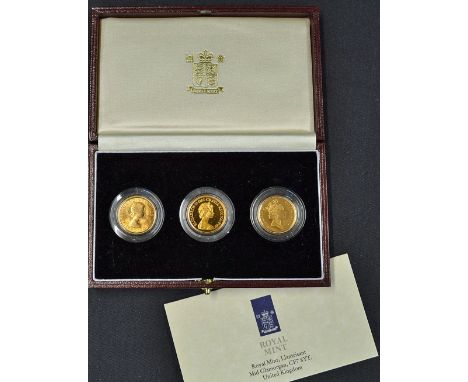 Queen Elizabeth II Gold Proof Sovereign Portrait Three Coin Collection Royal Mint contains coins 3 coins with obverse depicti