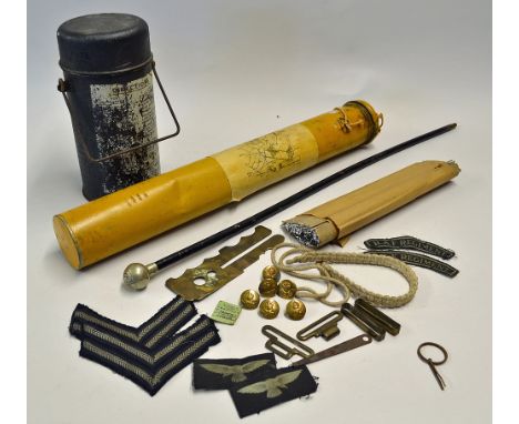 WWII RAF Items: including assorted button, shoulder bagdes etc. in cigar case, swagger stick, survival kite, thermos flask, w