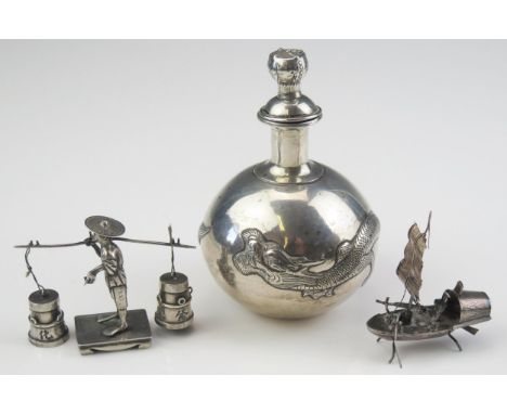 A Chinese silver scent bottle maker Wang Hing &amp; Co, of globular form, with embossed dragon decoration, with stopper and a