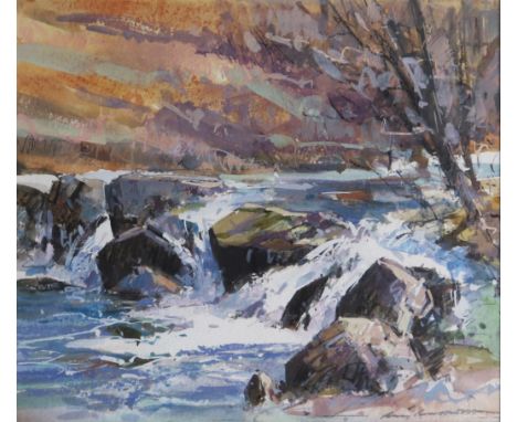 Ray Balkwill, SWAc, c20th Westcountry artist, 'Moorland Waterfall' 2007, signed, mixed media, 20 x 18cm