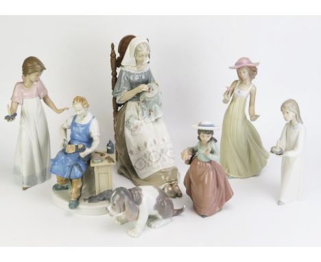 Six assorted Lladro and Nao porcelain figurines, including a cobbler, a seated lady sewing, four young girls, and dog (7). 