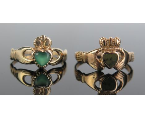 An Antique 9ct Gold Claddagh Ring with inset green stone (size M, c. 1.89g) and modern Claddagh ring (size L, c. 1.36g) 