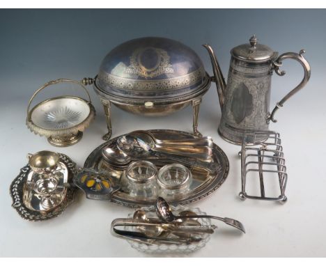 A quantity of plated wares including turn-over dish, coffee pot, toast rack, swing handled pedestal dish, a silver fob, flat 