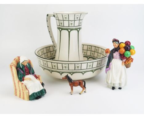 Two Doulton figurines, includes HN1974 "Forty Winks" , HN1843 "Biddy Pennyfarthing" a Doulton Kyle pattern wash basin and wat