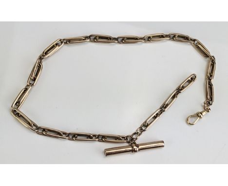 A 9ct Gold Albert, 14.75" (37.5cm), marked on clip ring and tested on  KEE, c. 29g and unmarked T-bar 