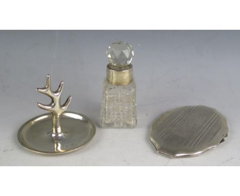 A mixed collection of silver wares, various makers and dates, includes powder compact, ring tree and silver mounted scent bot