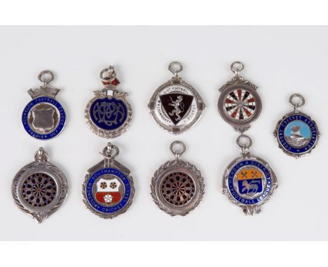 A collection of nine silver and enamel sporting and club medallions, various makers and dates, includes darts, football and o