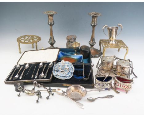 A collection of assorted silver plated wares, brass trivets, studio Cellini enamel dish etc. 