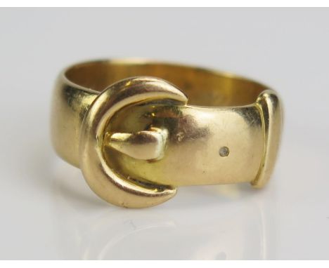 An Antique 18ct Gold Buckle Ring engraved "Stuart Cooil? Killed in action Sept. 10th 1918", 11mm at widest, size P, Chester 1