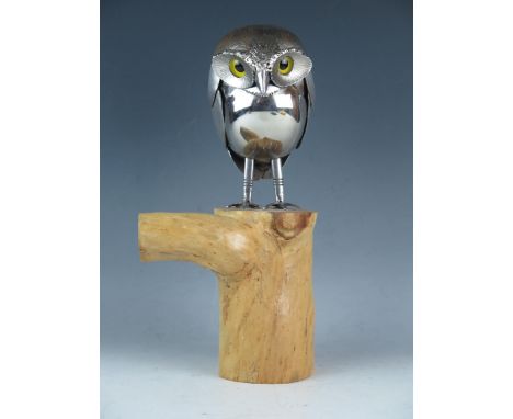 Alan Prince, a modernist metal model of a perched owl, made from spoon bowls and handles, with inset glass eyes,  mounted on 