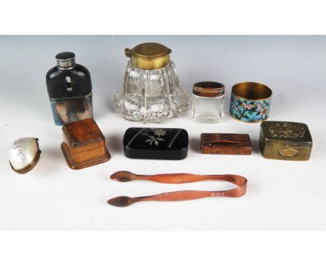 A 19th century papier mache snuff box, a cloisonnÃ© napkin ring, a hip flask and other collectables. 