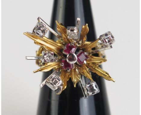 A Diamond and Red Stone Ring in a precious yellow and white metal setting, KEE tested as 18ct, princess and round cut stones,